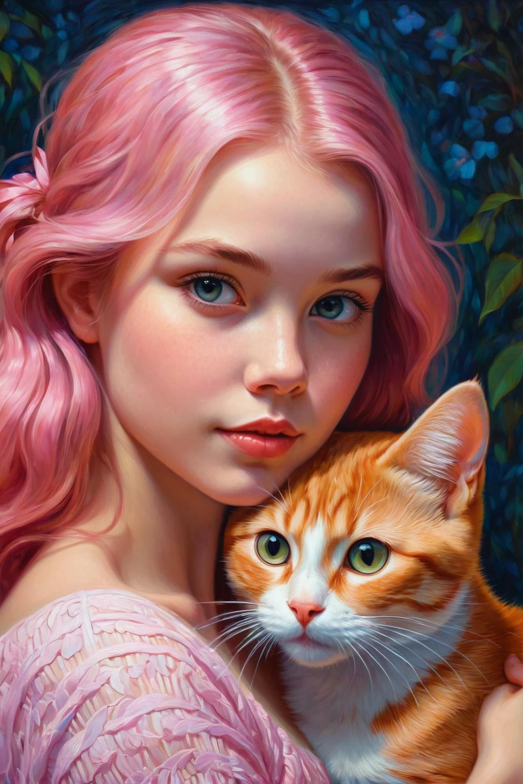 by Victor Nizovtsev and Becky Cloonan in the style of Phuoc Hoai Nguyen and Mark Keathley and Jasmine Becket-Griffith, cute 18 year old woman and her pet, digital oil pastel on canvas<lora:oil_pastel:1.00> of a cinematic photo <lora:juggernaut_cinematic:1.00>, pink_haired