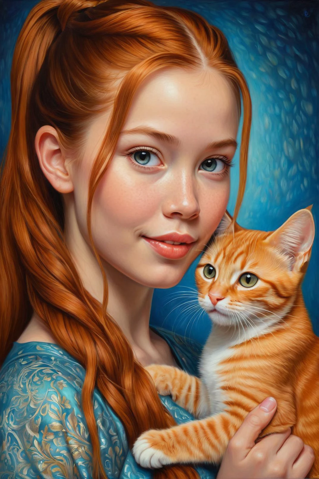 by Victor Nizovtsev and Becky Cloonan in the style of Phuoc Hoai Nguyen and Mark Keathley and Jasmine Becket-Griffith, cute 18 year old woman and her pet, digital oil pastel on canvas<lora:oil_pastel:1.00> of a cinematic photo <lora:juggernaut_cinematic:1.00>, ginger_ponytail