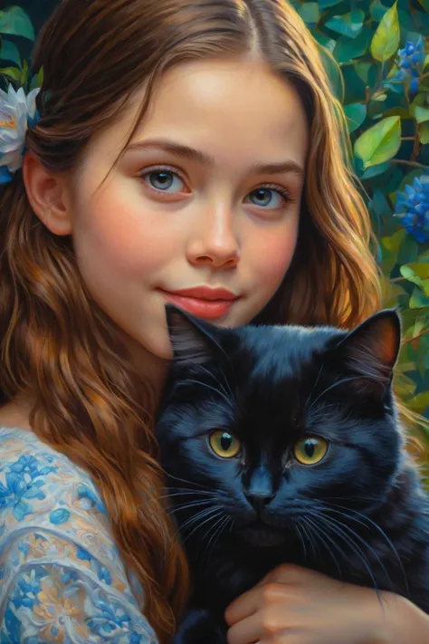 by Victor Nizovtsev and Becky Cloonan in the style of Phuoc Hoai Nguyen and Mark Keathley and Jasmine Becket-Griffith, cute 18 year old woman and her pet, digital oil pastel on canvas<lora:oil_pastel:1.00> of a cinematic photo <lora:juggernaut_cinematic:1.00>