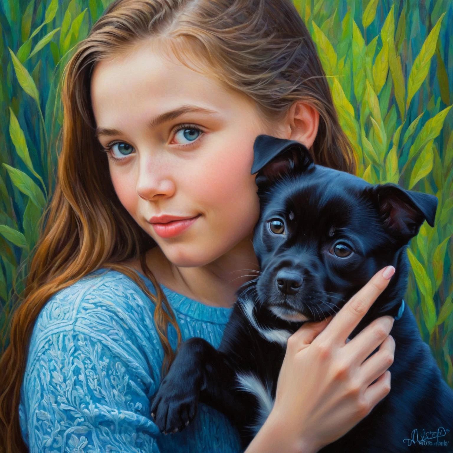 by Victor Nizovtsev and Becky Cloonan in the style of Phuoc Hoai Nguyen and Mark Keathley and Jasmine Becket-Griffith, cute 18 year old woman and her pet, digital oil pastel on canvas<lora:oil_pastel:1.00> of a cinematic photo <lora:juggernaut_cinematic:1.00>