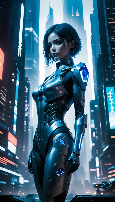 breathtaking 3d anime scene at night, the iconic character Cortana from Halo, stands proudly in her sleek cyberpunk armor, looking up at a towering highrise building that dominates the neon-lit skyline of Neo Tokyo, dynamic artwork by Yoshitaka Amano and Anato Finnstark, pose dynamically against the backdrop of this futuristic metropolis, a testament to both her strength and beauty, this cinematic scene, captures all the essence of cyberpunk culture, dimly lit face, <lora:JuggerCineXL2:0.8> <lora:Randommaxx_dark_offset_v1.1_lora_fp16:0.5>