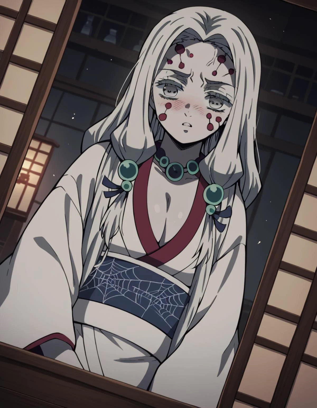 score_9, score_8_up, score_7_up, source_anime,
oldersisterspiderdemon, <lora:older-sister-spider-demon-ponyxl-lora-nochekaiser:1>,
spider demon, long hair, hair ornament, very long hair, white hair, grey eyes, facial mark, thick eyebrows, pale skin,
long sleeves, cleavage, jewelry, japanese clothes, kimono, necklace, sash, obi, beads,
indoors, bed, bed room, on side, blush, drunk,
solo, looking at viewer, cowboy shot, dutch angle,