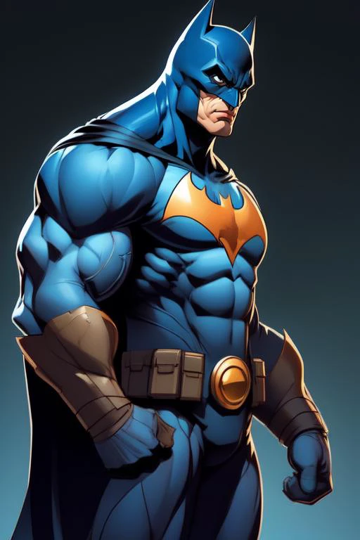 male, from the front, muscle pose, <lora:Kaptaincoca:0.55>, style Kaptaincoca, muscled male, batman