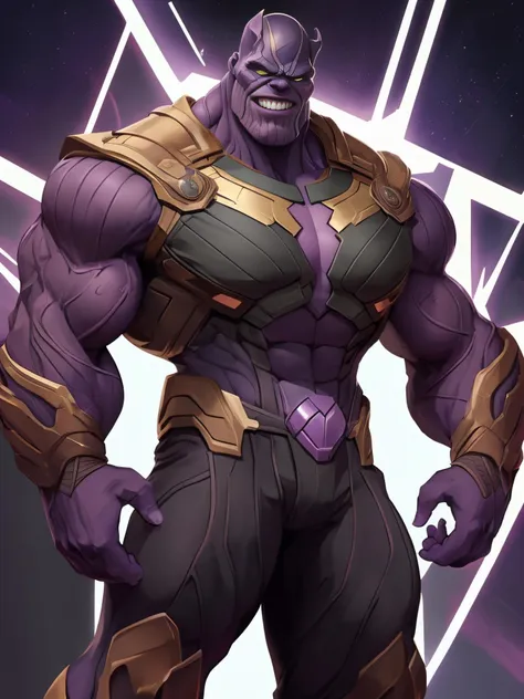 male, from the front, muscle pose, <lora:Kaptaincoca:0.4>, style Kaptaincoca, muscled male, (Thanos)