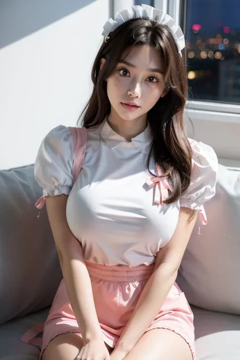 (Night:1.7), Cyberpunk_CityView, Before Window,
sitting at attention,sitting on couch,
white shirt, puffy short sleeves, pink ribbon,
Pink_maid,Pink_maid_apron, maid headdress,
<lora:YuraOnoda-V1:0.7>,maid,
Brown_hair,long_hair,wavy_hair,Brown_eyes,Bangs,
,<lora:more_details:0.1>,
1 girl, 20yo,Young female,Beautiful long legs,Beautiful body,
Beautiful Nose,Beautiful character design, perfect eyes, perfect face,expressive eyes,perfect balance,
looking at viewer,(Focus on her face),closed mouth, (innocent_big_eyes:1.0),(Light_Smile:0.3),
official art,extremely detailed CG unity 8k wallpaper, perfect lighting,Colorful, Bright_Front_face_Lighting,White skin,
(masterpiece:1.0),(best_quality:1.0), ultra high res,4K,ultra-detailed,
photography, 8K, HDR, highres, absurdres:1.2, Kodak portra 400, film grain, blurry background, bokeh:1.2, lens flare, (vibrant_color:1.2),professional photograph,
(Beautiful,huge_Breasts:1.4), (beautiful_face:1.5),(narrow_waist),
