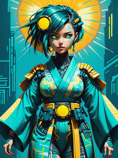 mad-crayon woman wearing a kimono, yellow sun, teal background, cyberpunk, dynamic pose  <lora:Neon_Cyberpunk_Crayon_SDXL:1.0>, (masterpiece:1.2), best quality