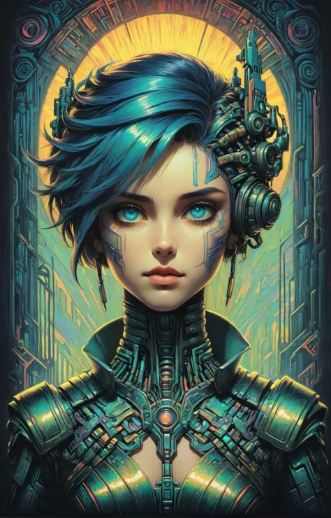 concept art , (mad-crayon), Antique Grunge aesthetic, iridescent colors, stunning background. dark and moody, a mesmerizing blend of light and shadow. masterpiece, absurdres, intricate details <lora:Neon_Cyberpunk_Crayon_SDXL:0.8> . digital artwork, illustrative, painterly, matte painting, highly detailed