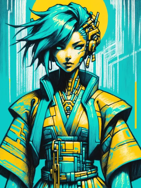 mad-crayon woman wearing a kimono, yellow sun, teal background, cyberpunk, dynamic pose  <lora:Neon_Cyberpunk_Crayon_SDXL:1.0>, (masterpiece:1.2), best quality