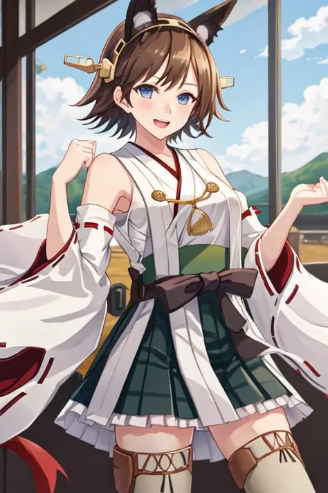 best quality, masterpiece, highres, solo, {hiei_kantaicollection:1.15}, brown_hair, short_hair, hairband, headgear, nontraditional_miko, smile, blue_eyes, flipped_hair, open_mouth, 1girl, bare_shoulders, japanese_clothes, detached_sleeves, looking_at_viewer
