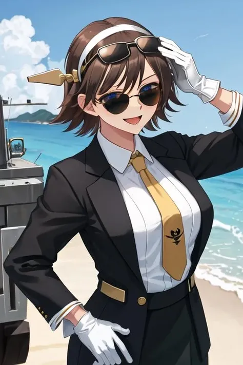 best quality, masterpiece, highres, solo, {black business suit:1.40}, {tie:1.20}, {sunglasses:1.25}, {white gloves:1.15}, {white shirt:1.10}, {black skirt:1.15}, {smoking:1.20}, handsome, {hiei_kantaicollection:1.15}, brown_hair, short_hair, hairband, headgear, nontraditional_miko, smile, blue_eyes, flipped_hair, open_mouth