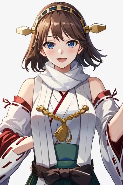 best quality, masterpiece, highres, solo, {hiei_kantaicollection:1.15}, brown_hair, short_hair, hairband, headgear, nontraditional_miko, smile, blue_eyes, flipped_hair, open_mouth, 1girl, alternate_costume, scarf, simple_background, upper_body, white_background, gloves, twitter_username