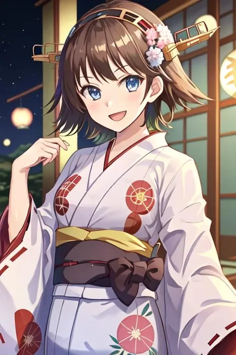 Highest quality、Complete limbs、Full Finger、Slender beauty、Straight Hair、Brown Hair、Long Hair、(Navy blue yukata:1.3)、Floral Yukata、Summer festival、river、Beautiful big breasts、Big smile、eating cotton candy、Sexy pose、Night Sky、Soaring、Looking up at the fireworks