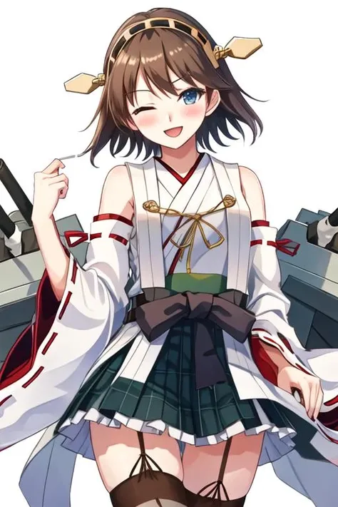 best quality, masterpiece, highres, solo, {hiei_kantaicollection:1.15}, brown_hair, short_hair, hairband, headgear, nontraditional_miko, smile, blue_eyes, flipped_hair, open_mouth, 1girl, detached_sleeves, japanese_clothes, chibi, ribbon-trimmed_sleeves, ribbon_trim, skirt, plaid, thighhighs, ;d, ^_^, blush, closed_eyes, one_eye_closed, plaid_skirt, v