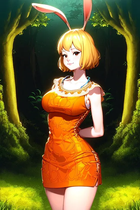 ultra realistic 8k cg, (((ultra detailed background, delicate pattern, intricate detail, highly detailed, fine details))), best quality, (photorealistic:1.4),beautiful lighting, absurdres, RAW photo, film grain, ((, slim girl)), CarrotChan, 1girl, solo, blonde hair, animal ears, rabbit ears, rabbit girl, furry female, furry, short hair, smile, rabbit tail, (orange dress), brown eyes, ((slim girl, , animal nose)), ((complex detailed background, grass, jungle, forest, vines, tall big trees, nature environment, cowboy shot, hands behind back)),  <lora:CarrotChanFinal:0.75>