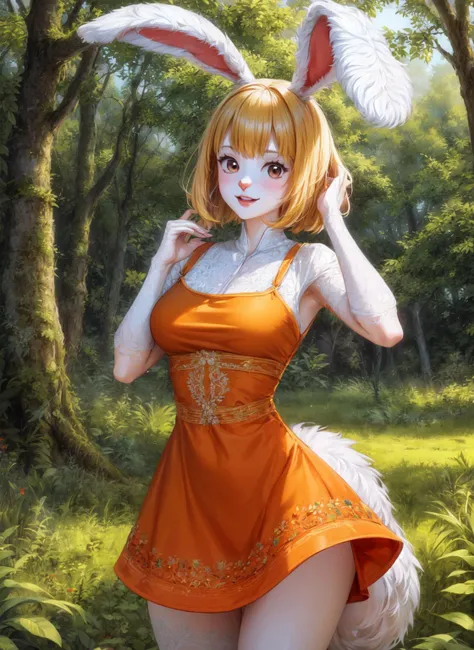 ((ultra detailed background, delicate pattern, intricate detail)), (highly detailed, fine details), (ultra detailed background, delicate pattern, intricate detail, highly detailed, fine details), best quality, 1girl, slim girl, rabbit girl, solo, medium breasts, blonde hair, animal ears, rabbit ears, animal nose, furry female, furry, short hair, rabbit tail, brown eyes, smile, (orange dress:1.1), 
((complex detailed background)), grass, jungle, forest, tall big trees, nature environment, Early morning, Sunshine, (looking at viewer:1.1), (cowboy shot:1.1), 
CarrotChan, <lora:CarrotChan:0.85:lbw=KEEPCHAR>, 
<lyco:GoodHands-beta2:2>, <lora:add_detail:1>,