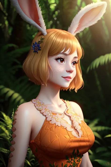 ultra realistic 8k cg, (((ultra detailed background, delicate pattern, intricate detail, highly detailed, fine details))), best quality, (photorealistic:1.4),beautiful lighting, absurdres, RAW photo, film grain, ((small breasts, slim girl)), CarrotChan, 1girl, solo, blonde hair, animal ears, rabbit ears, rabbit girl, furry female, furry, short hair, smile, rabbit tail, (orange dress), brown eyes, ((slim girl, small breasts, animal nose)), ((complex detailed background, grass, jungle, forest, vines, tall big trees, nature environment, close-up, portrait)),  