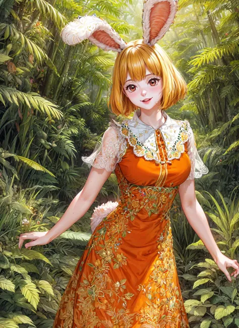 ((ultra detailed background, delicate pattern, intricate detail)), (highly detailed, fine details), (ultra detailed background, delicate pattern, intricate detail, highly detailed, fine details), best quality, 1girl, solo, slim girl, rabbit girl, medium breasts, blonde hair, animal ears, rabbit ears, animal nose, furry female, furry, short hair, rabbit tail, brown eyes, smile, (orange dress:1.1), 
((complex detailed background)), grass, jungle, forest, tall big trees, nature environment, Early morning, Sunshine, (looking at viewer:1.1), (cowboy shot:1.1), 
CarrotChan, <lora:CarrotChan:0.75:lbw=KEEPCHAR>, 
<lyco:GoodHands-beta2:2>, <lora:add_detail:1>,