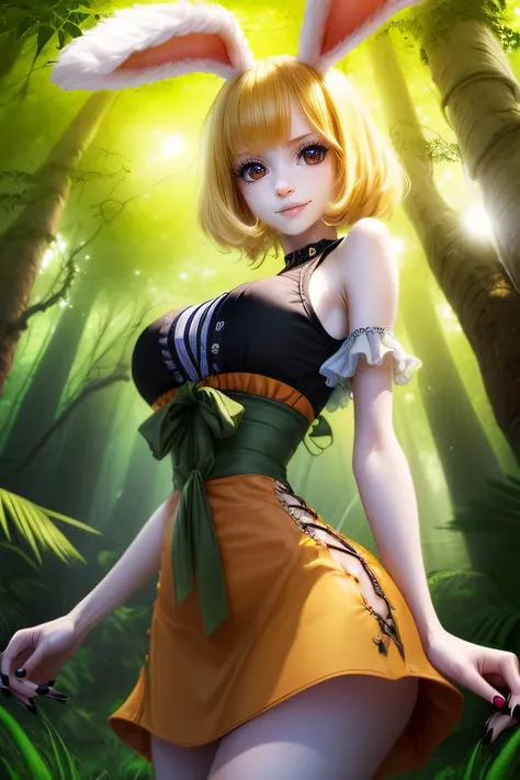 CarrotChan, 1girl, solo, blonde hair, animal ears, rabbit ears, rabbit girl, furry female, furry, short hair, smile, rabbit tail, (orange dress), brown eyes, ((slim girl, medium breasts, animal nose)), ((complex detailed background, grass, jungle, forest, vines, tall big trees, nature environment, hands behind back)), <lyco:GoodHands-beta2:1>, (((perfect human female hands, nice hands, detailed black nails))), (((slim waist:5, huge breasts, skindentation))), full lips, (anime style),masterpiece, best quality, ultra-detailed, glistening shiny, glowing light, ray tracing, HDR, deph of field, (perfect face, detailed face, detailed eyes),8k,HD,ultra realistic face, ray tracing, perfect lighting, best quality, ultra-detailed, shiny eyes, (looking at viewer, sensual smile:1.1), ((1girl)), (gyaru, young female:1.4), cowboy shot, ((view from below)):1.2, 1girl, beautiful detailed face, smile, solo, standing, ((masterpiece)), <lora:hairdetailer:1>, <lora:eyelashes_slider_v3:1.5>, <lora:weight_slider_v2:-1> <lora:muscle_slider_v1:-1> <lora:CarrotChan:1>