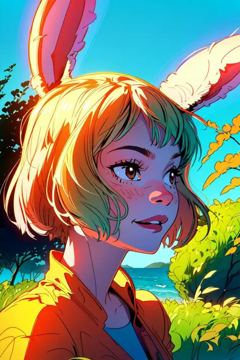 ultra realistic 8k cg, (((ultra detailed background, delicate pattern, intricate detail, highly detailed, fine details))), best quality, (photorealistic:1.4),beautiful lighting, absurdres, RAW photo, film grain, ((medium breasts, slim girl)), CarrotChan, 1girl, solo, blonde hair, collarbone, animal ears, rabbit ears, rabbit girl, furry female, furry, short hair, smile, rabbit tail, (orange dress), brown eyes, animal nose, ((complex detailed background, grass, trees, vines, ocean, rocks, nature environment, close-up, portrait, clear face, clear skin)), <lora:CarrotChanFinal:0.8>, <lora:DetailTweaker:0.5>,