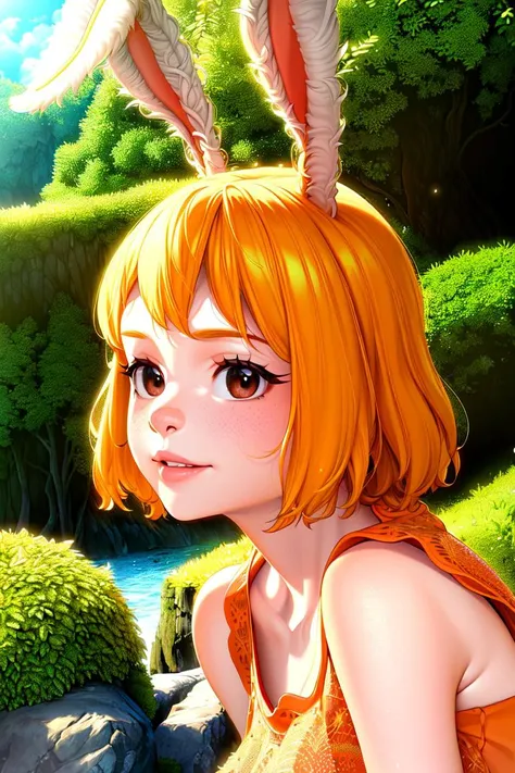 ultra realistic 8k cg, (((ultra detailed background, delicate pattern, intricate detail, highly detailed, fine details))), best quality, (photorealistic:1.4),beautiful lighting, absurdres, RAW photo, film grain, ((medium breasts, slim girl)), CarrotChan, 1girl, solo, blonde hair, collarbone, animal ears, rabbit ears, rabbit girl, furry female, furry, short hair, smile, rabbit tail, (orange dress), brown eyes, animal nose, ((complex detailed background, grass, trees, vines, ocean, rocks, nature environment, close-up, portrait, clear face, clear skin)),  <lora:CarrotChanFinal:0.8>,  <lora:DetailTweaker:0.5>,
