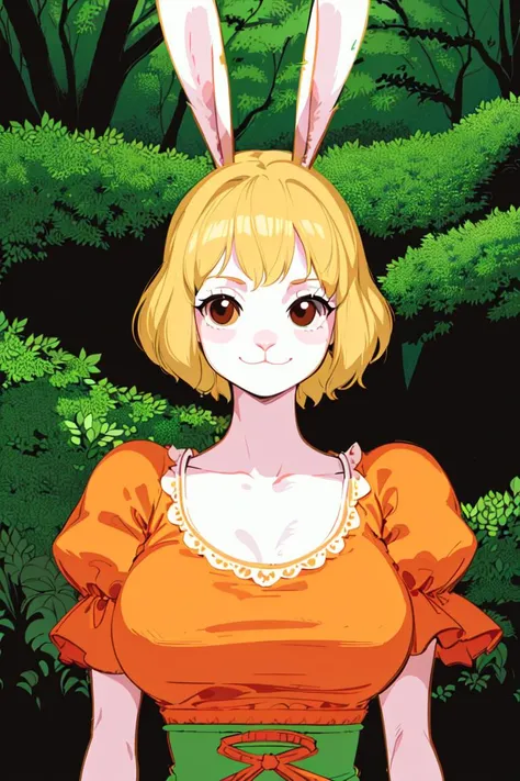 (ultra detailed background, delicate pattern, intricate detail, highly detailed, fine details), best quality,((medium , slim girl,  close-up, portrait)), CarrotChan, 1girl, solo, blonde hair, animal ears, rabbit ears, rabbit girl, furry female, furry, short hair, smile, rabbit tail, (orange dress), brown eyes, ((slim girl, , animal nose)), ((complex detailed background, grass, jungle, forest, tall big trees, nature environment, close-up, portrait)),  <lora:CarrotChanFinal:0.75>