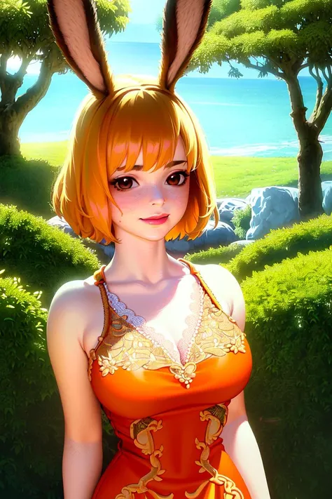 ultra realistic 8k cg, (((ultra detailed background, delicate pattern, intricate detail, highly detailed, fine details))), best quality, (photorealistic:1.4),beautiful lighting, absurdres, RAW photo, film grain, ((medium breasts, slim girl)), CarrotChan, 1girl, solo, blonde hair, collarbone, animal ears, rabbit ears, rabbit girl, furry female, furry, short hair, smile, rabbit tail, (orange dress), brown eyes, animal nose, ((complex detailed background, grass, trees, vines, ocean, rocks, nature environment, close-up, portrait)),  <lora:CarrotChanFinal:0.7>