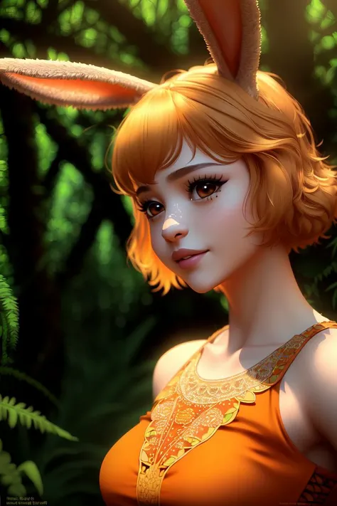 ultra realistic 8k cg, (((ultra detailed background, delicate pattern, intricate detail, highly detailed, fine details))), best quality, (photorealistic:1.4),beautiful lighting, absurdres, RAW photo, film grain, ((medium breasts, slim girl)), CarrotChan, 1girl, solo, blonde hair, animal ears, rabbit ears, rabbit girl, furry female, furry, short hair, smile, rabbit tail, (orange dress), brown eyes, ((slim girl, medium breasts, animal nose)), ((complex detailed background, grass, jungle, forest, vines, tall big trees, nature environment, close-up, portrait)), <lora:CarrotChanFinal:0.75>