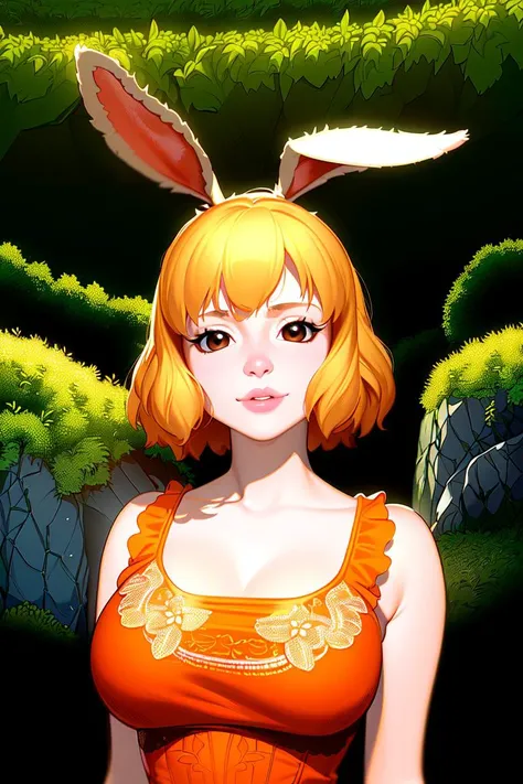 ultra realistic 8k cg, (((ultra detailed background, delicate pattern, intricate detail, highly detailed, fine details))), best quality, (photorealistic:1.4),beautiful lighting, absurdres, RAW photo, film grain, ((medium breasts, slim girl)), CarrotChan, 1girl, solo, blonde hair, collarbone, animal ears, rabbit ears, rabbit girl, furry female, furry, short hair, smile, rabbit tail, (orange dress), brown eyes, animal nose, ((complex detailed background, grass, trees, vines, ocean, rocks, nature environment, close-up, portrait)), <lora:CarrotChanFinal:0.7>