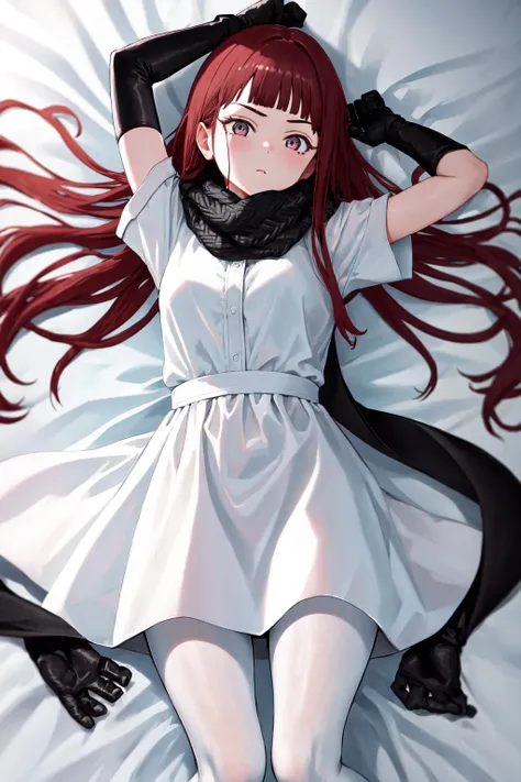 1gir, solo, lying, red hair, not hand, hands inside cloth, shy, hands disappear, cute, bondage, rope, long hair