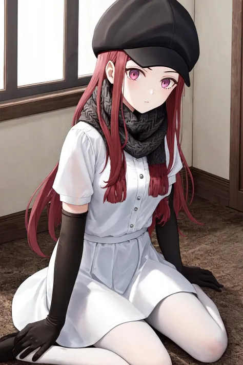 masterpiece, best quality, highres, 1girl cabbie hat, white dress white shirt short sleeves black pantyhose black gloves elbow gloves black scarf <lora:helga:1> sitting, wariza, arm support