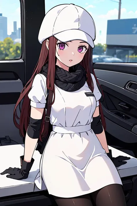 (masterpiece, best quality), 1girl, beautiful face, <lora:helga:1> 1girl, white dress white shirt short sleeves black pantyhose black gloves elbow gloves black scarf, cabbie hat