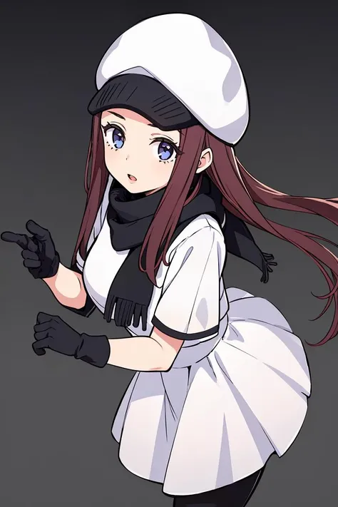 (masterpiece, best quality), 1girl, beautiful face, <lora:helga:1> 1girl, white dress white shirt short sleeves black pantyhose black gloves elbow gloves black scarf, cabbie hat