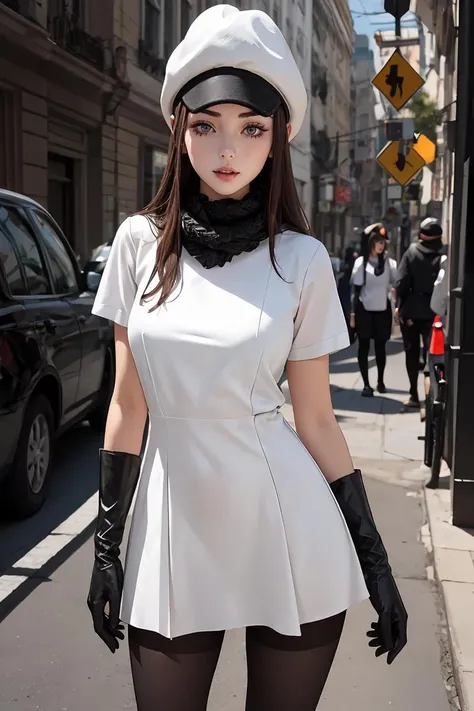 (masterpiece, best quality), 1girl, beautiful face, <lora:helga:1> 1girl, white dress white shirt short sleeves black pantyhose black gloves elbow gloves black scarf, cabbie hat