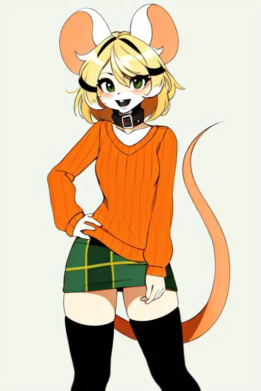 1girl, mouse ashley, orange sweater, looking at viewer, small muzzle,  <lora:moushley:0.8>, mouse tail, plaid green skirt, blonde hair, detailed face, cute face, furry female