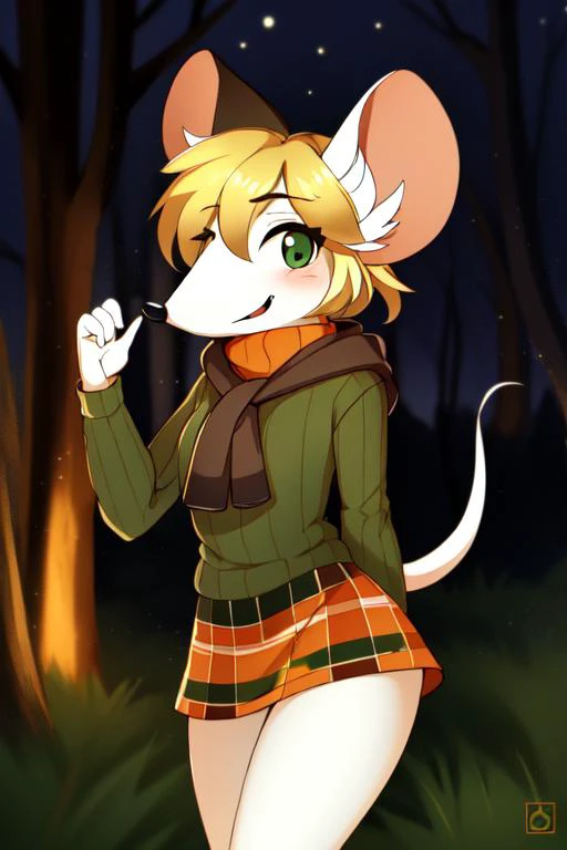 masterpiece, best quality, 1girl, mouse ashley, orange sweater, small muzzle, <lora:moushley:0.8>, mouse tail, plaid green skirt, blonde hair, detailed face, cute face, furry female, furry female, white mouse, dark forest, (night:1.4), outside