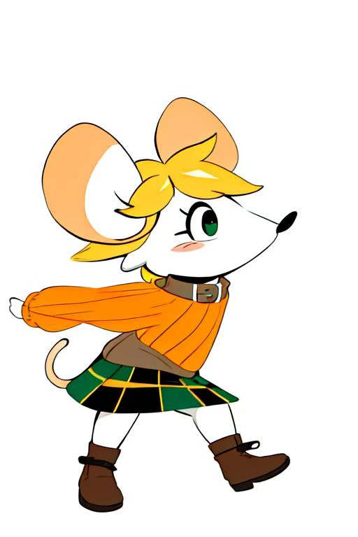 masterpiece, best quality, 1girl, mouse ashley, orange sweater, looking at viewer, small muzzle, <lora:moushley:0.8>, mouse tail, plaid green skirt, blonde hair, detailed face, cute face, furry female, chibi, furry female, white mouse, running