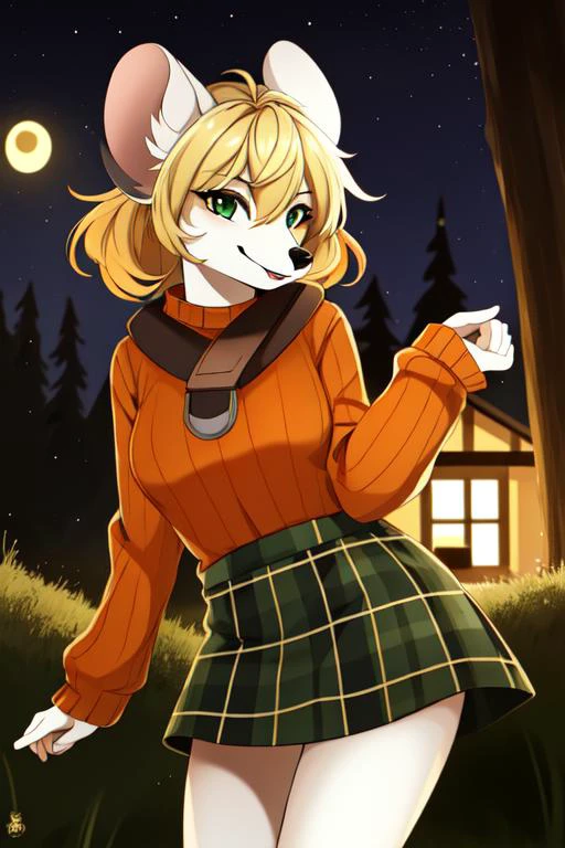 masterpiece, best quality, 1girl, mouse ashley, orange sweater, small muzzle, <lora:moushley:0.8>, mouse tail, plaid green skirt, blonde hair, detailed face, cute face, furry female, furry female, white mouse, dark forest, (night:1.5), outside