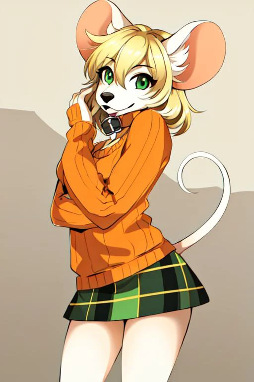 1girl, mouse ashley, orange sweater, looking at viewer, small muzzle,  <lora:moushley:0.8>, mouse tail, plaid green skirt, blonde hair, detailed face, cute face, furry female