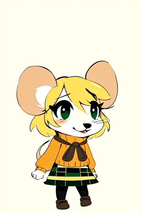 1girl, mouse ashley, orange sweater, looking at viewer, small muzzle, <lora:moushley:0.8>, mouse tail, plaid green skirt, blonde hair, detailed face, cute face, furry female, chibi