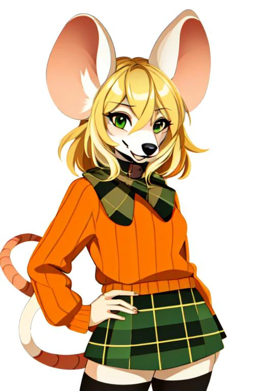 1girl, mouse ashley, orange sweater, looking at viewer, small muzzle, <lora:moushley:0.8>, mouse tail, plaid green skirt, blonde hair, detailed face, cute face, furry female