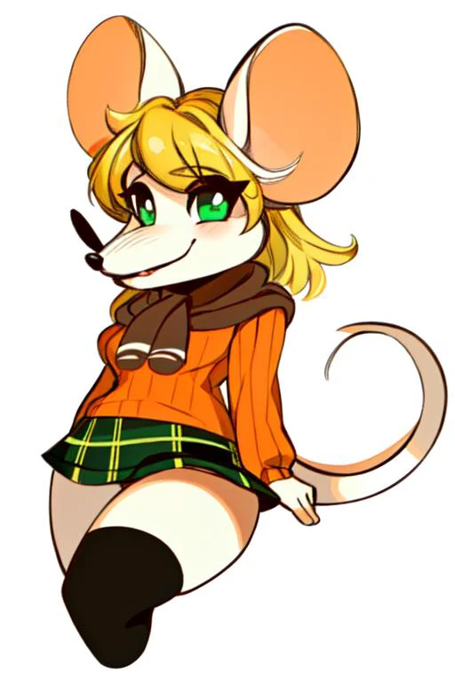 1girl, mouse ashley, orange sweater, looking at viewer, small muzzle, <lora:moushley:0.8>, mouse tail, plaid green skirt, blonde hair, detailed face, cute face, furry female