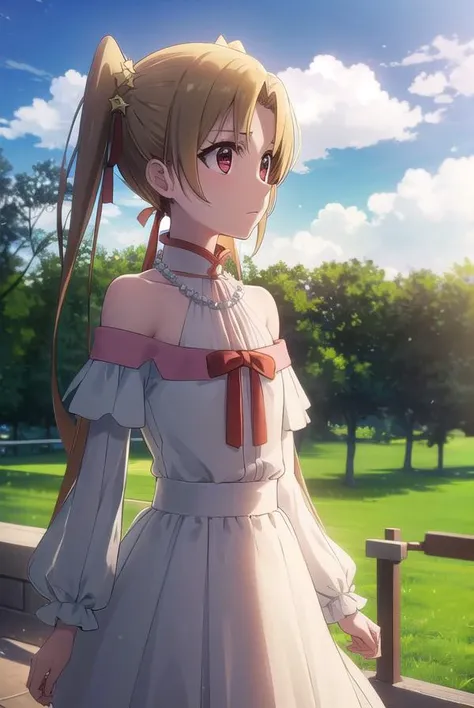 sherrytueli, <lora:sherry tueli s2-lora-nochekaiser:1>,
sherry tueli, long hair, brown hair, hair ornament, twintails, (brown eyes:1.5), star \(symbol\), star ornament,
BREAK dress, bare shoulders, jewelry, necklace, frills, long sleeves,
BREAK outdoors, forest, nature, sun, sky, clouds, trees, grass,
BREAK looking at viewer, (cowboy shot:1.5),
BREAK <lyco:GoodHands-beta2:1>, (masterpiece:1.2), best quality, high resolution, unity 8k wallpaper, (illustration:0.8), (beautiful detailed eyes:1.6), extremely detailed face, perfect lighting, extremely detailed CG, (perfect hands, perfect anatomy),