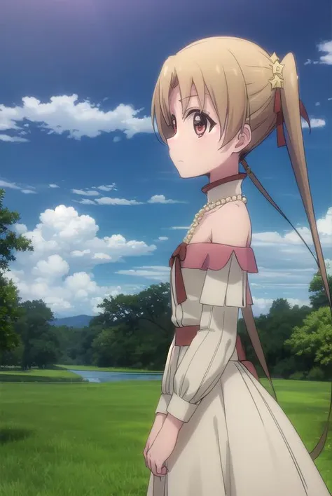 sherrytueli, <lora:sherry tueli s2-lora-nochekaiser:1>,
sherry tueli, long hair, brown hair, hair ornament, twintails, (brown eyes:1.5), star \(symbol\), star ornament,
BREAK dress, bare shoulders, jewelry, necklace, frills, long sleeves,
BREAK outdoors, forest, nature, sun, sky, clouds, trees, grass,
BREAK looking at viewer, (cowboy shot:1.5),
BREAK <lyco:GoodHands-beta2:1>, (masterpiece:1.2), best quality, high resolution, unity 8k wallpaper, (illustration:0.8), (beautiful detailed eyes:1.6), extremely detailed face, perfect lighting, extremely detailed CG, (perfect hands, perfect anatomy),