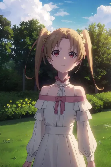 sherrytueli, <lora:sherry tueli s2-lora-nochekaiser:1>,
sherry tueli, long hair, brown hair, hair ornament, twintails, (brown eyes:1.5), star \(symbol\), star ornament,
BREAK dress, bare shoulders, jewelry, necklace, frills, long sleeves,
BREAK outdoors, forest, nature, sun, sky, clouds, trees, grass,
BREAK looking at viewer, (cowboy shot:1.5),
BREAK <lyco:GoodHands-beta2:1>, (masterpiece:1.2), best quality, high resolution, unity 8k wallpaper, (illustration:0.8), (beautiful detailed eyes:1.6), extremely detailed face, perfect lighting, extremely detailed CG, (perfect hands, perfect anatomy),
