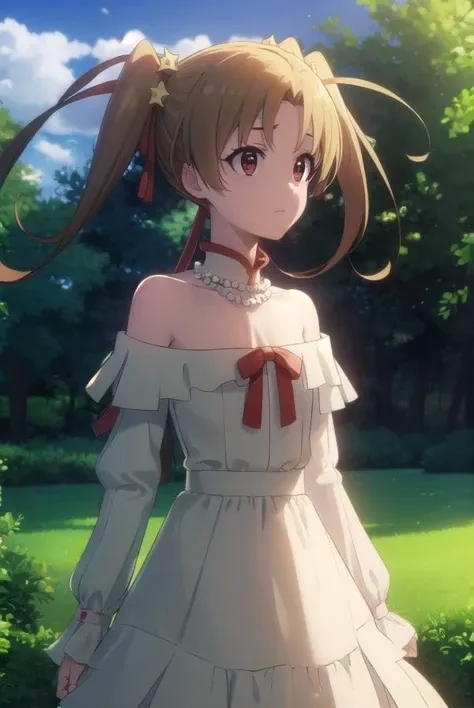 sherrytueli, <lora:sherry tueli s2-lora-nochekaiser:1>,
sherry tueli, long hair, brown hair, hair ornament, twintails, (brown eyes:1.5), star \(symbol\), star ornament,
BREAK dress, bare shoulders, jewelry, necklace, frills, long sleeves,
BREAK outdoors, forest, nature, sun, sky, clouds, trees, grass,
BREAK looking at viewer, (cowboy shot:1.5),
BREAK <lyco:GoodHands-beta2:1>, (masterpiece:1.2), best quality, high resolution, unity 8k wallpaper, (illustration:0.8), (beautiful detailed eyes:1.6), extremely detailed face, perfect lighting, extremely detailed CG, (perfect hands, perfect anatomy),