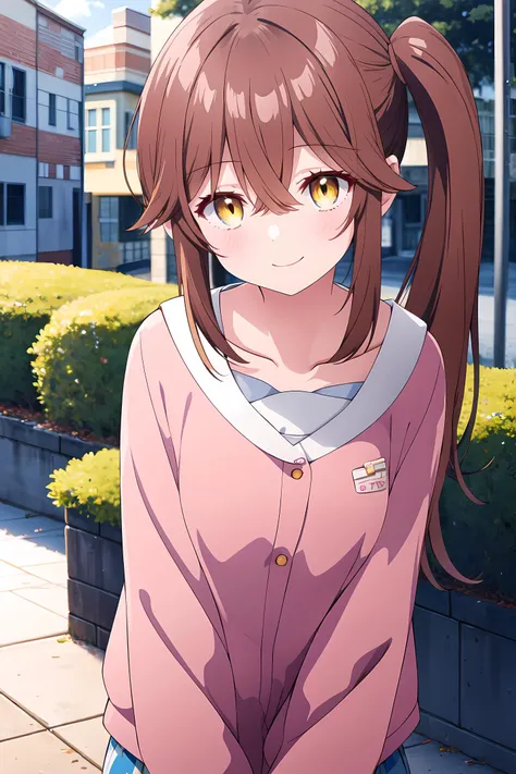 <lora:Otonari-san002:0.8:lbw=char>, cowboy shot, skinny,
Otonari-san, 1girl, collarbone, brown hair, yellow eyes, blush, hair between eyes,
side ponytail, long hair, smile, street, scenery,, absurdres , highres, ultra detailed, (1girl:1.3),