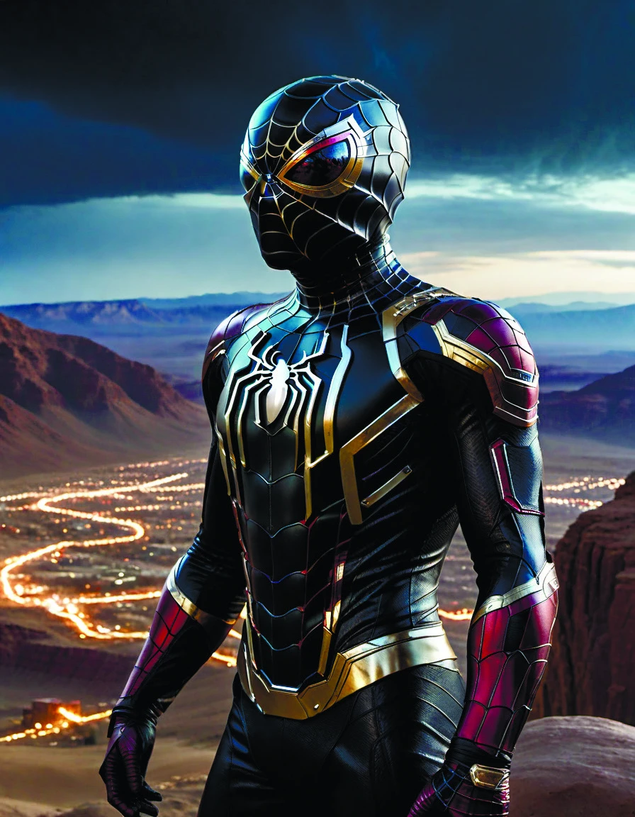 adamantine spider spirit iridescent carapace weaving a cosmic web spiderman) with sparks background,background is mountains,photorealistic,mechanical and furturist cycle inspired,award winning movie poster,cinematic industrial photography,film still villeneuve,akihiko yoshida,greg tocchini,greg rutkowski,cliff chiang,<lora:add-detail-xl:1.6>,scifi <lora:RoboXLv2:0.8>,by diegocr,madmax style,scrapbuiltai <lora:ScrapBuiltAIp:0.7>