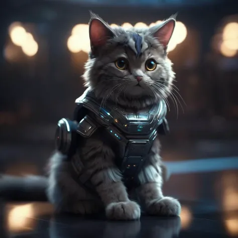 cute cat ,fur , sitting , scifi style , intricate details , sharp focus , cinematic lighting , <lora:SciFi:1>