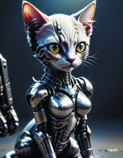 a cute kitten made out of metal, (cyborg:1.1), ([tail | detailed wire]:1.3), (intricate details, hyperdetailed:1.2), cinematic shot, vignette, centered, <lora:cyborg_style_xl-alpha:0.9> <lora:elezhangzhang-000001:0.5> <lora:RoboXL:0.7> <lora:SDXL Science Fiction:0.8> <lora:sphynxcatgirl_SDXL_1.5:0.6>, elezhangzhang, science fiction style, sphynxcatgirl, no human ears, no double ears, cinematic, 35mm film, 35mm photography, film, photo realism, DSLR, 8k uhd, hdr, ultra-detailed, high quality, high contrast,
