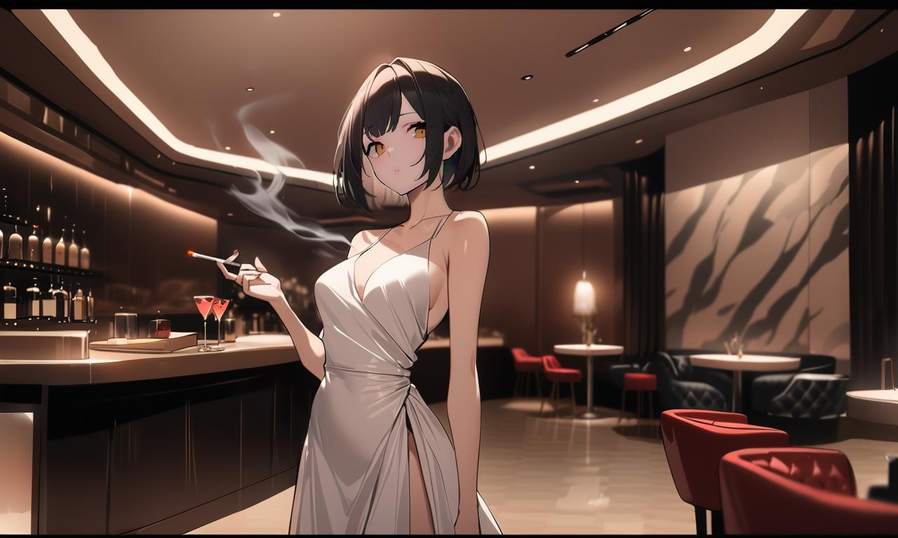 Anime girl smoking a cigarette in a restaurant with a bar in the ...